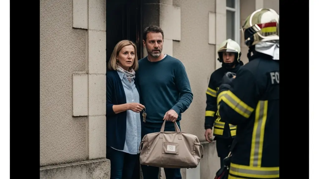 Personnes devant un immeuble résidentiel français après un incendie, avec une atmosphère calme mais tendue, illustrant l’urgence des démarches dans les 48 heures.