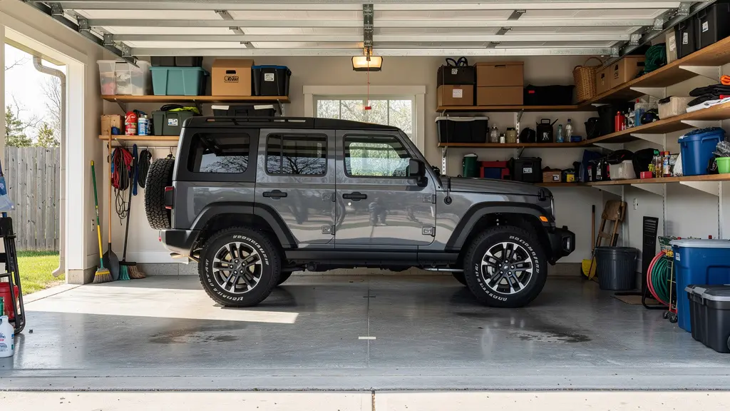 SUV 4x4 stationné dans un garage résidentiel fermé avec lumière naturelle