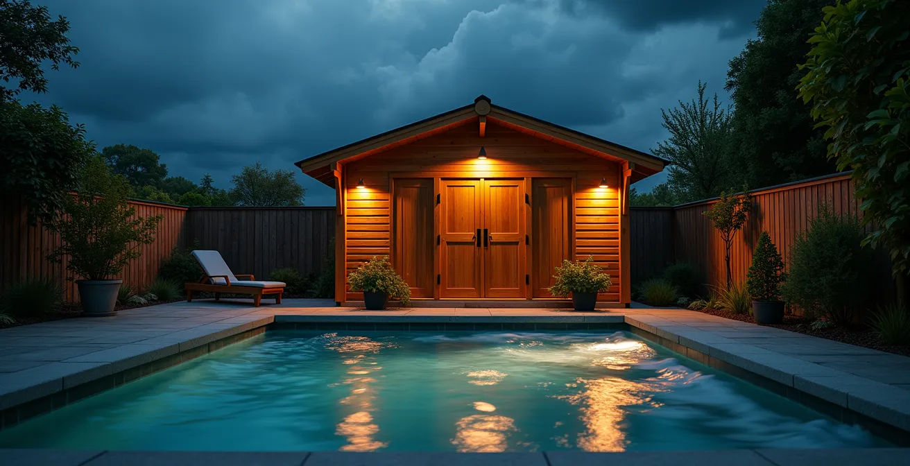 Abri de jardin en bois et piscine couverte protégés contre les intempéries