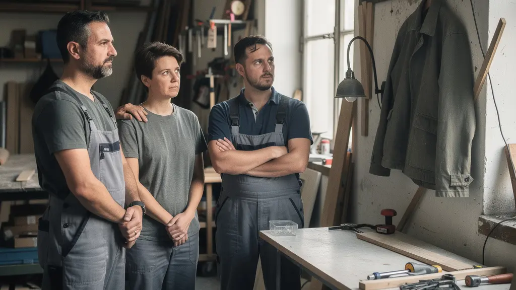 Dans un atelier de PME, une équipe regarde un poste de travail vide, signe de l'absence d'une personne clé.