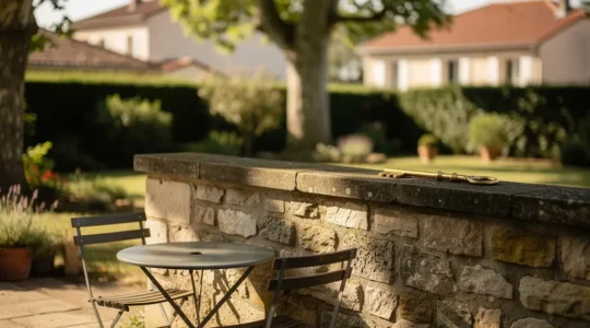 Deux personnes discutant calmement autour d'une clôture de jardin en France, symbolisant la résolution amiable d'un conflit de voisinage avec un cadre juridique protecteur