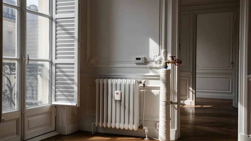 Intérieur d'un appartement français vide avec des systèmes de protection hivernale visibles, illustrant la gestion des risques pendant la vacance locative.