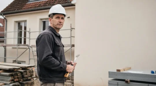 Artisan du bâtiment sur un chantier en France, casque de sécurité et outils à la main, avec un espace vide dans l’image pour intégrer un titre, évoquant l’idée de l’assurance décennale comme permis de travailler.