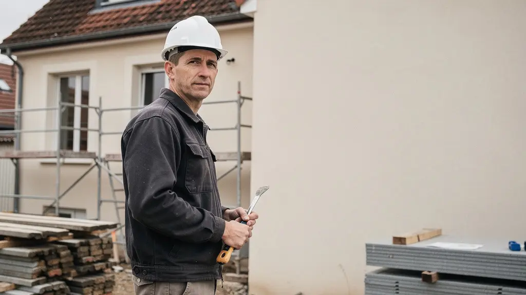 Artisan du bâtiment sur un chantier en France, casque de sécurité et outils à la main, avec un espace vide dans l’image pour intégrer un titre, évoquant l’idée de l’assurance décennale comme permis de travailler.