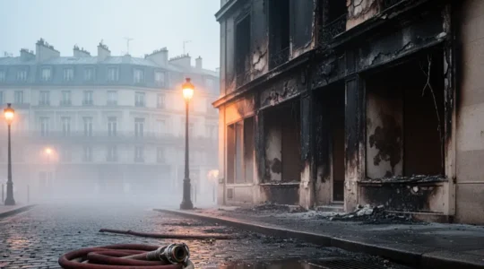 Vue panoramique d'un local commercial français endommagé par un incendie avec des documents financiers éparpillés au premier plan, symbolisant la perte d'exploitation