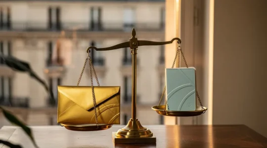 Balance symbolique entre une enveloppe dorée représentant l'assurance vie et un livret bleu, sur fond de patrimoine parisien