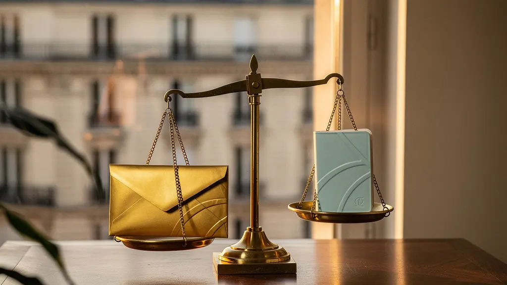 Balance symbolique entre une enveloppe dorée représentant l'assurance vie et un livret bleu, sur fond de patrimoine parisien