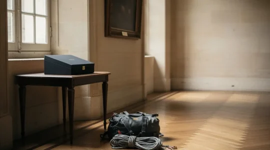 Hall d’un château français avec une œuvre encadrée, une corde d’alpinisme et un écrin de bijoux fermé, éclairage naturel, espace libre pour titrage.