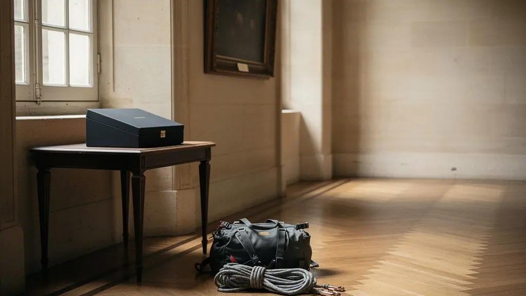 Hall d’un château français avec une œuvre encadrée, une corde d’alpinisme et un écrin de bijoux fermé, éclairage naturel, espace libre pour titrage.