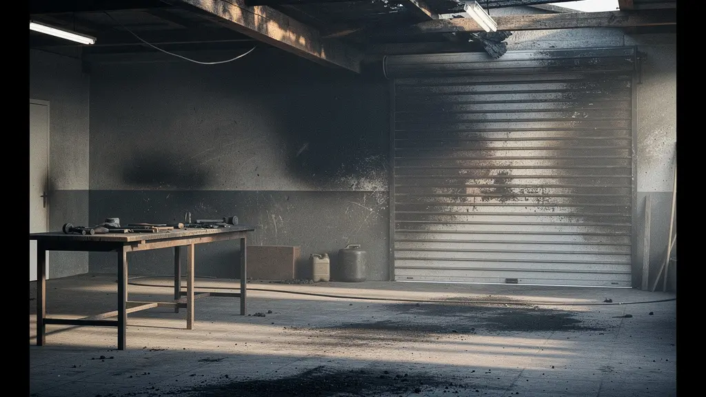Atelier d’artisan après un incendie, outils noircis et espace vide, lumière froide du matin, suggérant l’arrêt d’activité et la perte d’exploitation.