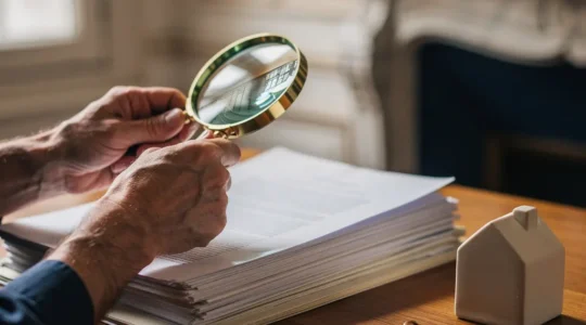 Mains tenant une loupe au-dessus de documents d'assurance habitation posés sur un bureau en bois, éclairage naturel