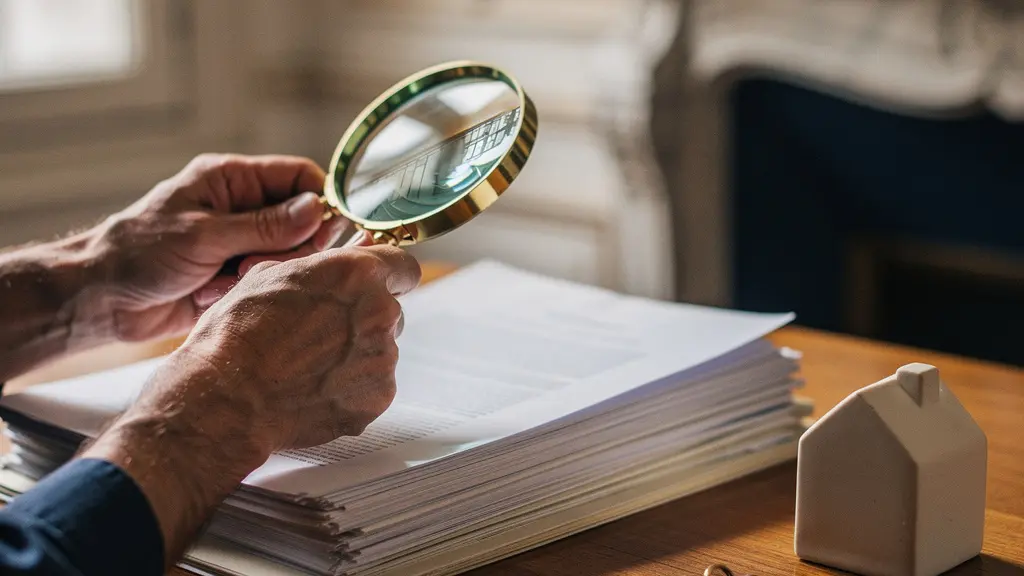 Mains tenant une loupe au-dessus de documents d'assurance habitation posés sur un bureau en bois, éclairage naturel