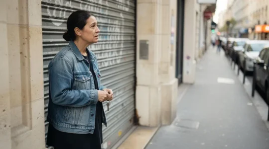 Un entrepreneur devant une boutique fermée, tenant un trousseau de clés, dans une rue française calme au petit matin.