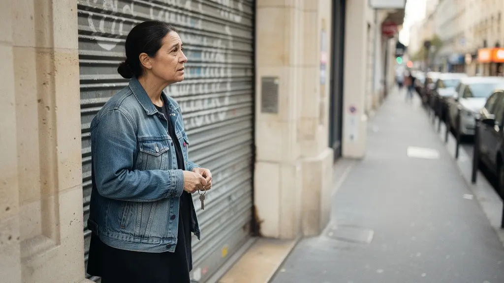 Un entrepreneur devant une boutique fermée, tenant un trousseau de clés, dans une rue française calme au petit matin.