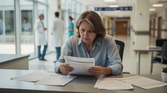 Patient consultant des documents de frais d'hospitalisation dans un environnement hospitalier moderne