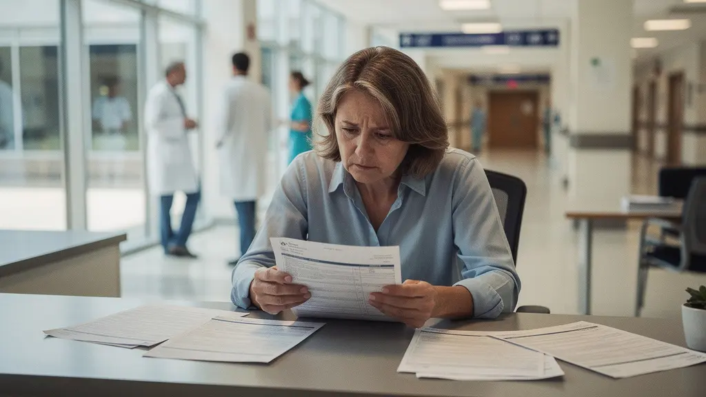 Patient consultant des documents de frais d'hospitalisation dans un environnement hospitalier moderne