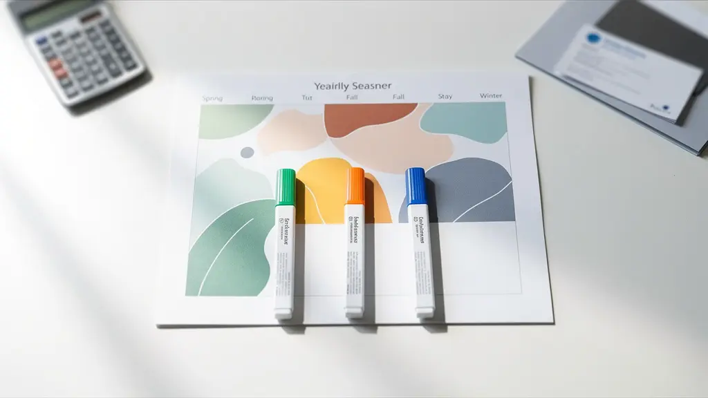 Vue de dessus d'un bureau avec un calendrier annuel et des marqueurs colorés indiquant les périodes clés pour la révision des contrats d'assurance.