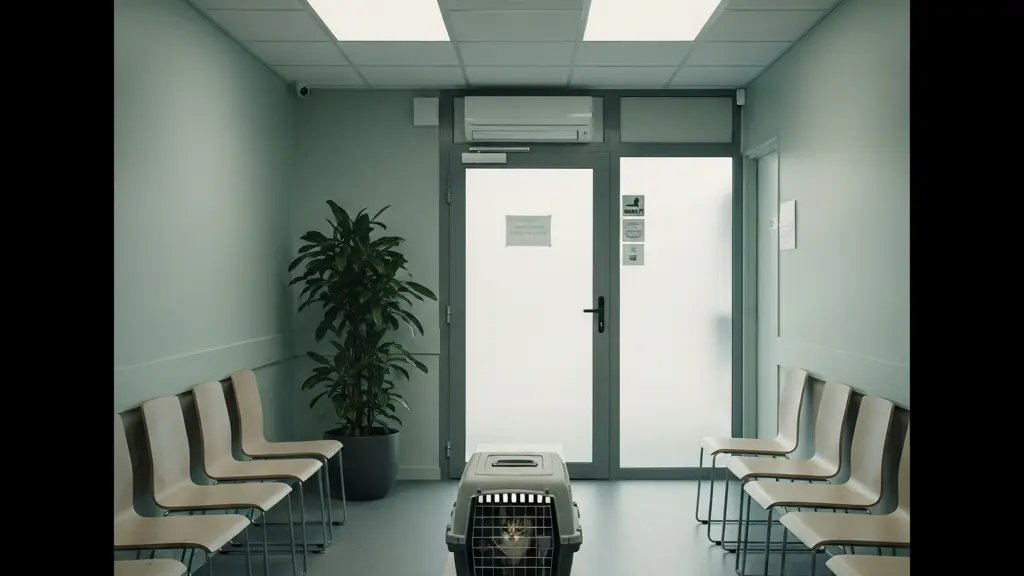 Vue large et minimaliste d'une salle d'attente de clinique vétérinaire française épurée avec un chat dans son panier de transport, symbolisant la période d'attente du délai de carence.