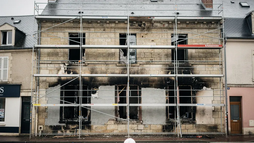 Chantier de reconstruction d'un local commercial français après un incendie, montrant des échafaudages et des murs noircis sous un ciel gris
