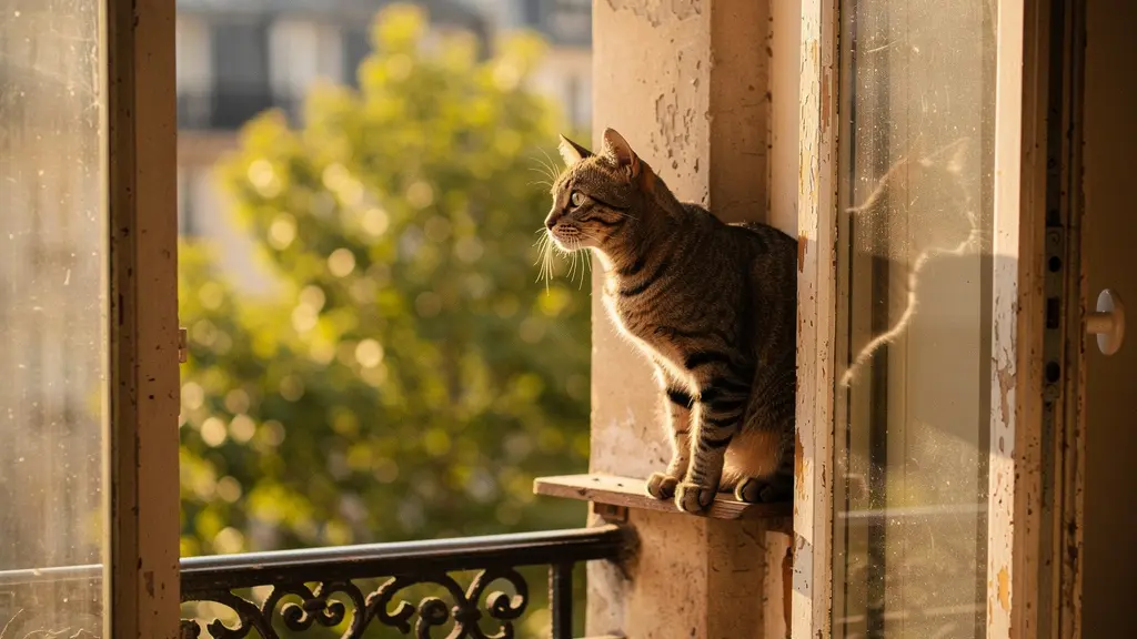Un chat tigré observant attentivement à travers une fenêtre entrouverte d'un appartement parisien, illustrant les risques du syndrome du chat parachutiste en milieu urbain.