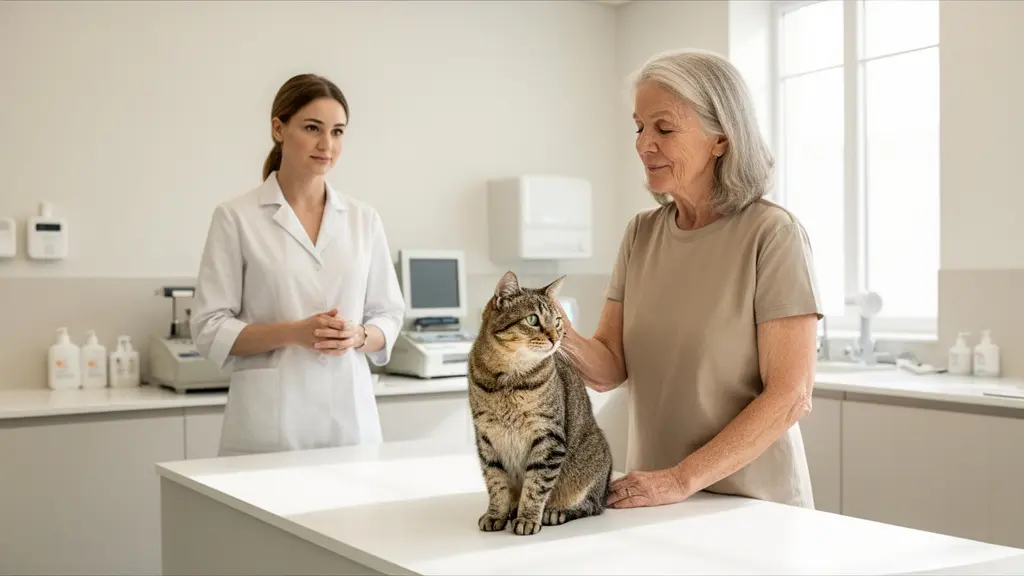 Chat âgé lors d'un bilan de santé vétérinaire avec son propriétaire attentif