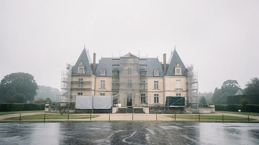 Vue large d’un château français en pierre avec échafaudages discrets, ciel changeant et grand espace vide, atmosphère patrimoniale réaliste.