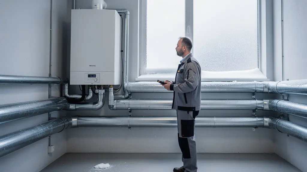 Technicien inspectant une chaudière avec de la condensation visible