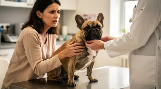 Portrait d'un Bouledogue français chez le vétérinaire avec son propriétaire inquiet