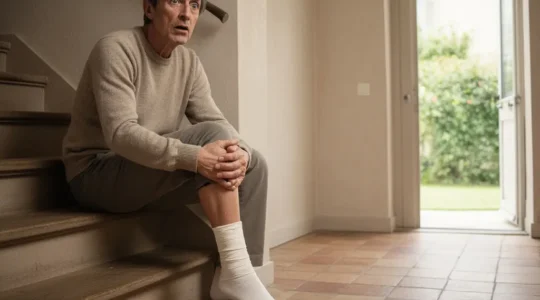 Un bricoleur assis au bas d’un escalier dans une maison française, cheville bandée, outils éparpillés au sol, lumière naturelle et grand espace vide pour une mise en page.