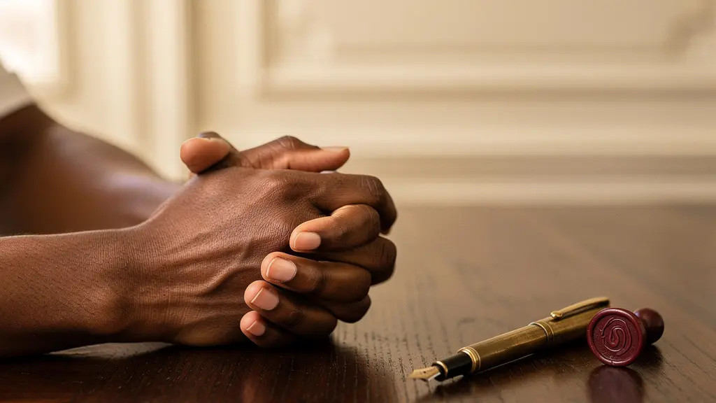 Mains entrelacées d'un couple posées sur une table en bois sombre avec une plume à encre et un sceau de cire, symbolisant la protection patrimoniale du concubin
