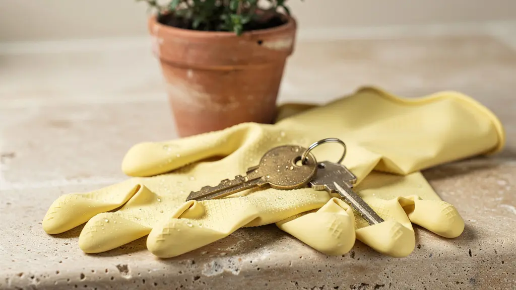 Gros plan sur des gants de ménage et un trousseau de clés posés sur une surface en pierre, évoquant le travail à domicile et la responsabilité de l'employeur particulier
