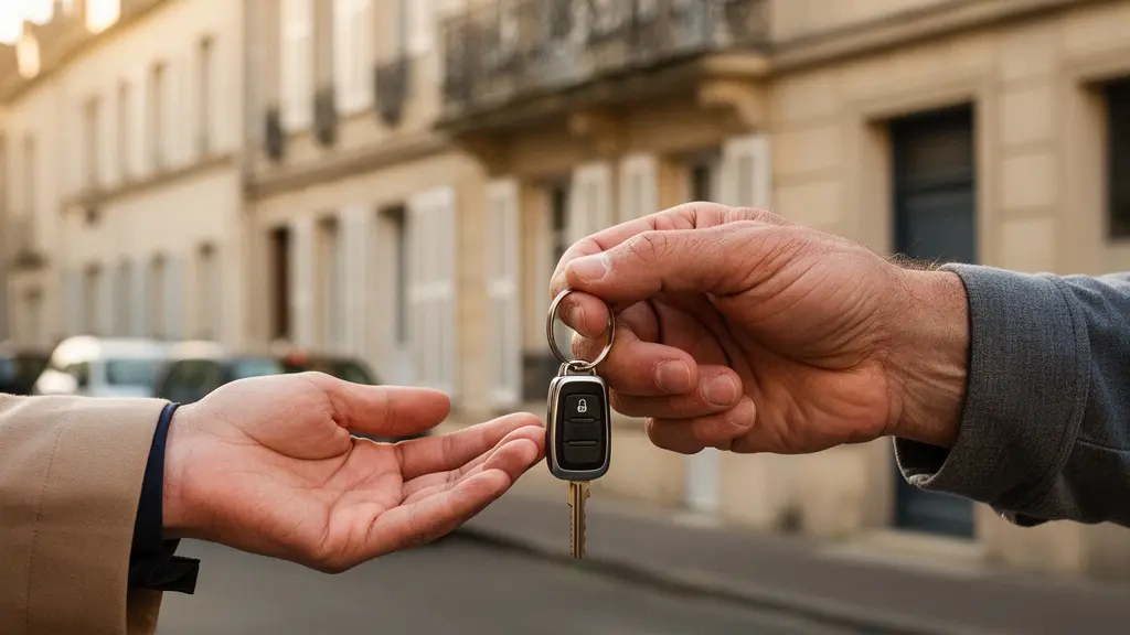Main tendue offrant des clés de voiture dans une lumière naturelle douce, illustrant le geste de prêt de véhicule entre particuliers