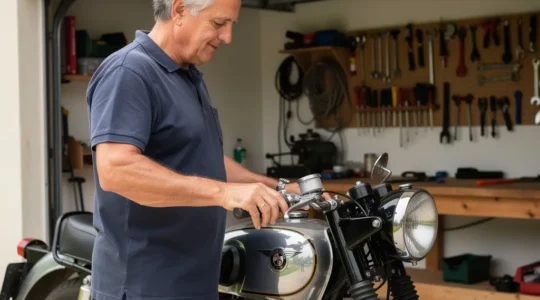 Passionné de moto de collection admirant sa bécane vintage dans son garage personnel