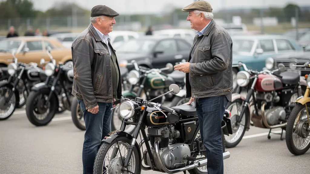 Deux passionnés de motos anciennes discutant lors d'un rassemblement de véhicules de collection
