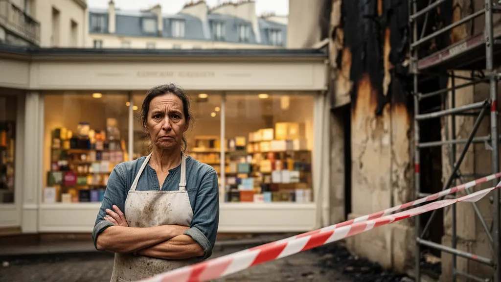 Devanture intacte d'un commerce français avec un ruban de sécurité barrant l'accès à la rue, symbolisant l'impossibilité d'accès après un sinistre voisin