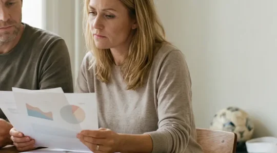 Parents consultant des documents d'assurance avec équipement sportif d'enfant en arrière-plan