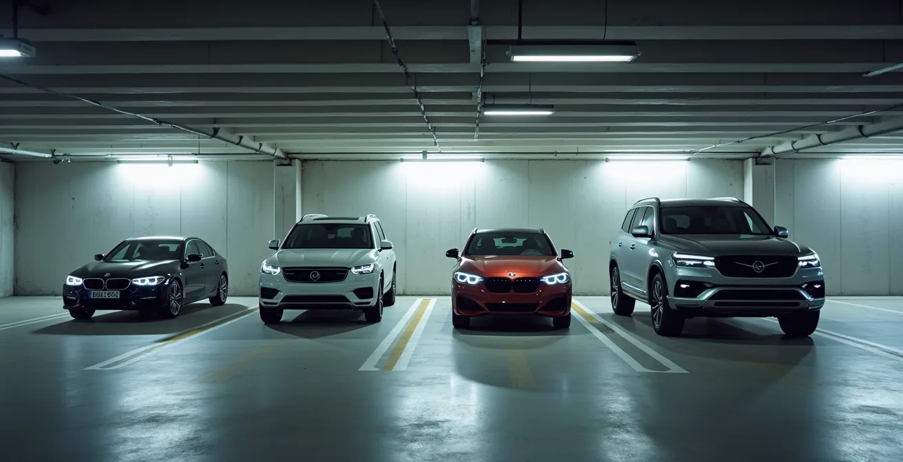 Rangée de véhicules de différentes catégories dans un parking de loueur français