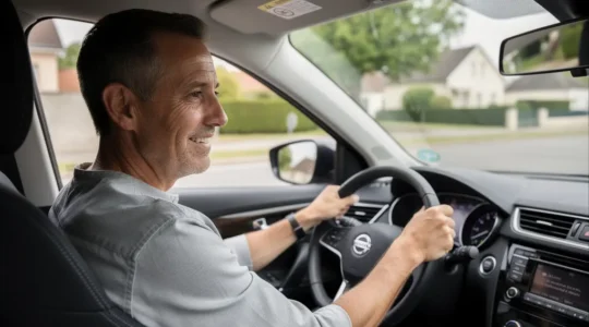 Conducteur français au volant de sa voiture moderne, conduite sereine sur route dégagée