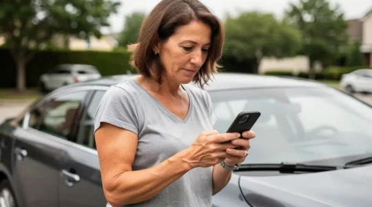 Conductrice comparant des devis assurance auto sur smartphone près de son véhicule