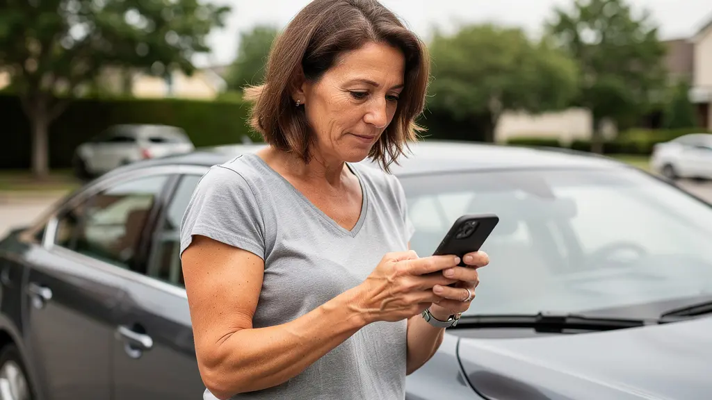 Conductrice comparant des devis assurance auto sur smartphone près de son véhicule