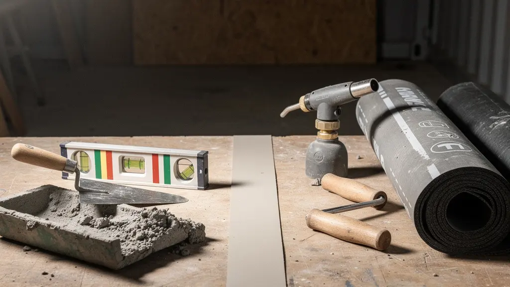 Deux ensembles d’outils de chantier séparés sur un établi : d’un côté des outils de maçonnerie, de l’autre des outils d’étanchéité, suggérant une frontière de garanties d’assurance.