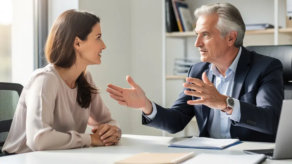 Conseiller en assurance expliquant le calcul du bonus-malus à une cliente dans un bureau moderne