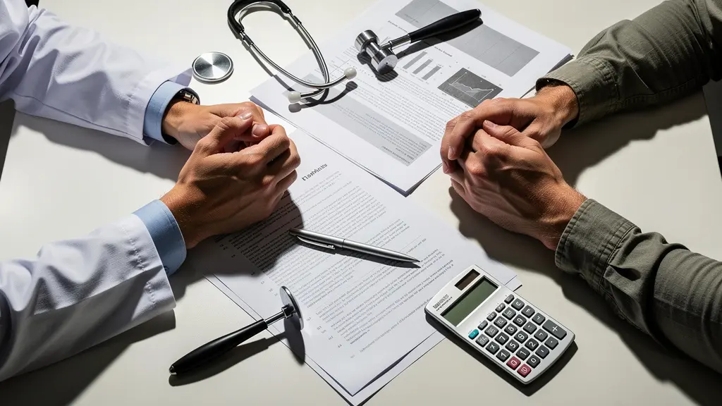 Patient et médecin discutant d'un devis médical dans un cabinet