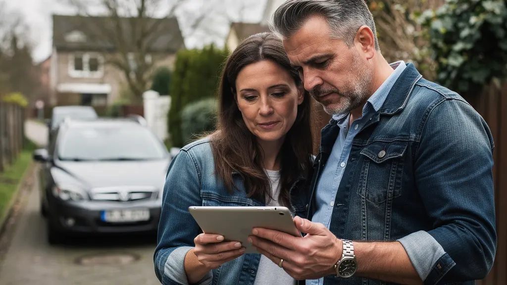 Couple consultant une tablette devant leur voiture pour comparer les formules d'assurance