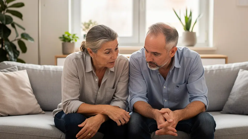 Couple français consultant un document sur tablette, discussion sur leur assurance auto dans leur salon
