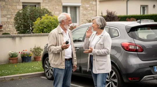 Couple senior français discutant près de leur véhicule familial dans une allée résidentielle