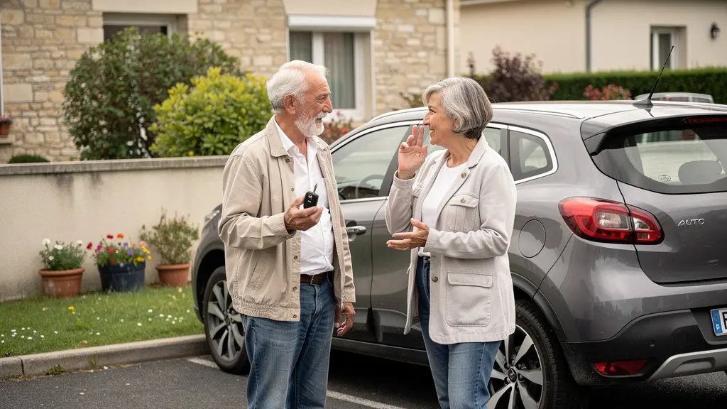 Couple senior français discutant près de leur véhicule familial dans une allée résidentielle