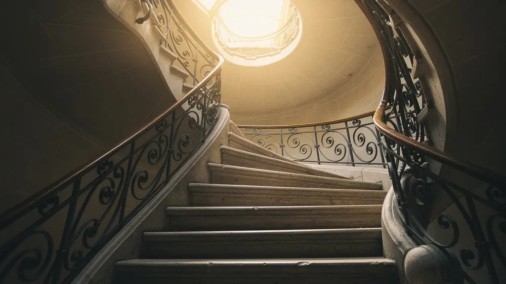 Escalier en colimaçon vu en contre-plongée symbolisant la hausse progressive des cotisations mutuelle avec l'âge