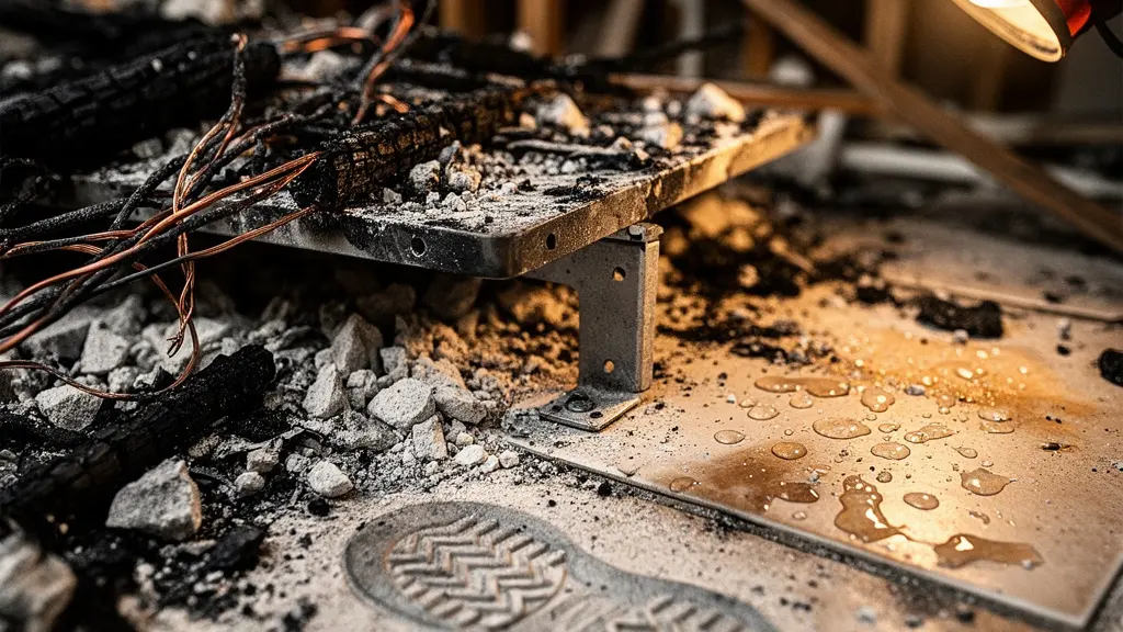 Gros plan sur des débris calcinés et des cendres dans un local professionnel après un incendie, montrant les textures de matériaux brûlés et la complexité du déblaiement