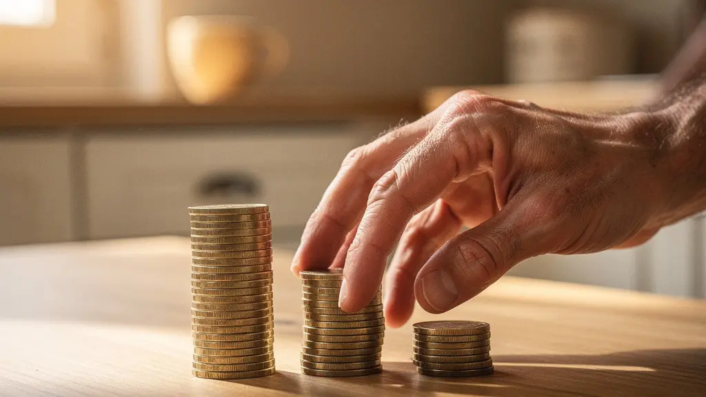 Piles de pièces de monnaie en euros de hauteurs différentes symbolisant la décomposition du coût d'une assurance, sur fond neutre